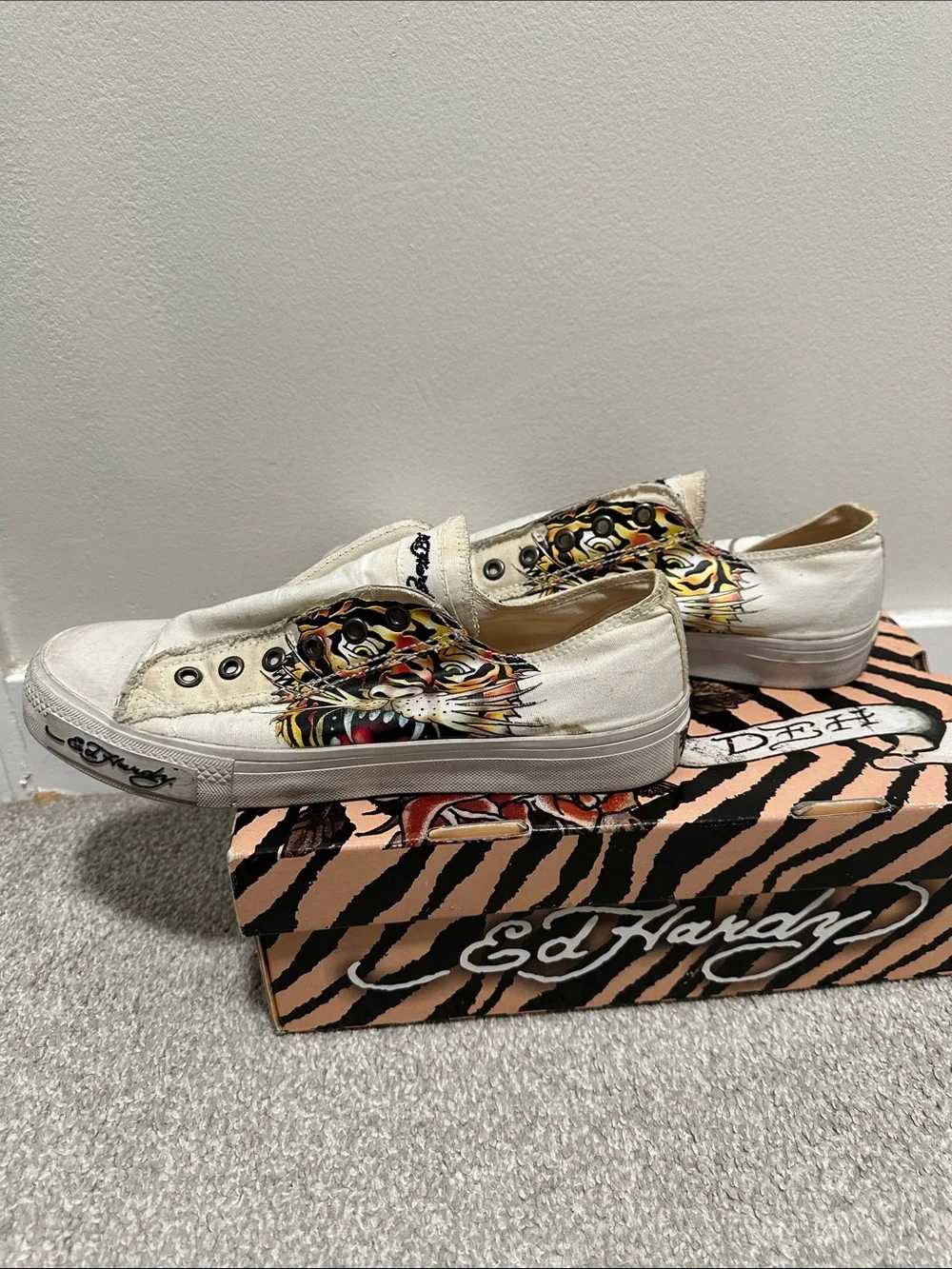 Ed Hardy White Slip-On Sneakers with Colorful Tattoo Art